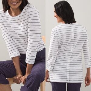 Chico’s NEW White Button Back Striped Slub Tee Top Sz M